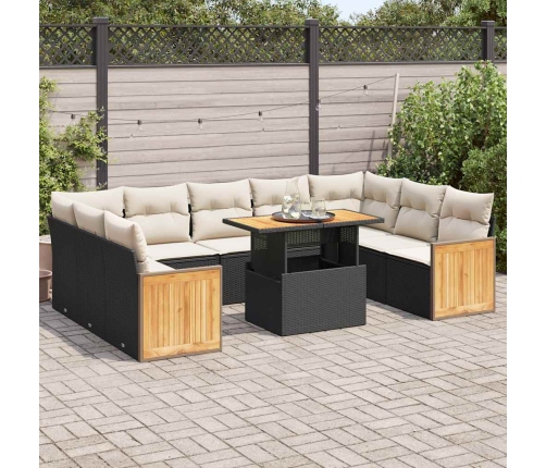 Set sofás jardín y cojines 10 pzas ratán sintético acacia negro