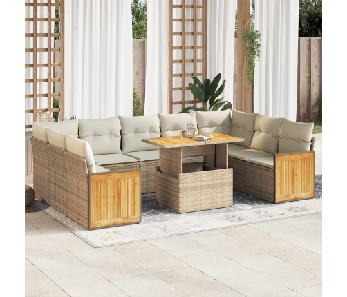 Set sofás jardín y cojines 10 pzas ratán sintético acacia beige