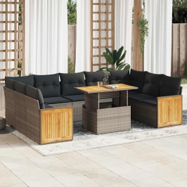 Set sofás jardín y cojines 10 pzas ratán sintético acacia gris