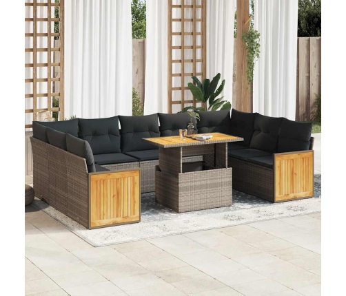 Set sofás jardín y cojines 10 pzas ratán sintético acacia gris