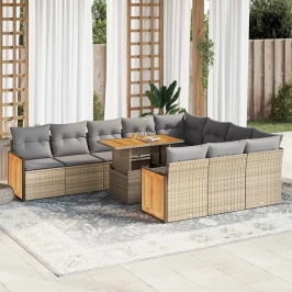 Set sofás jardín y cojines 11 pzas ratán sintético acacia beige