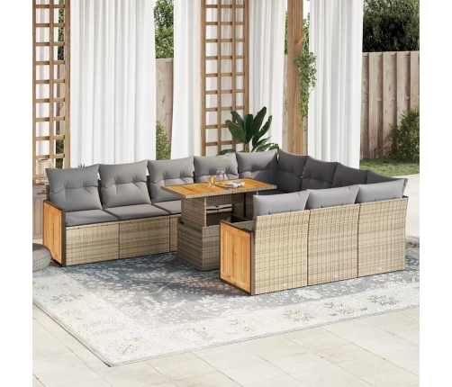 Set sofás jardín y cojines 11 pzas ratán sintético acacia beige