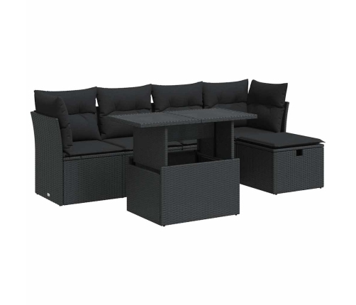 Set de sofás de jardín 6 piezas y cojines ratán sintético negro