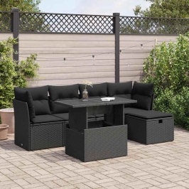 Set de sofás de jardín 6 piezas y cojines ratán sintético negro