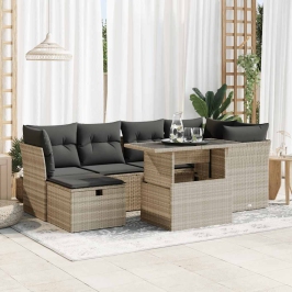 Set de sofás de jardín 7 pzas con cojines ratán PE gris claro