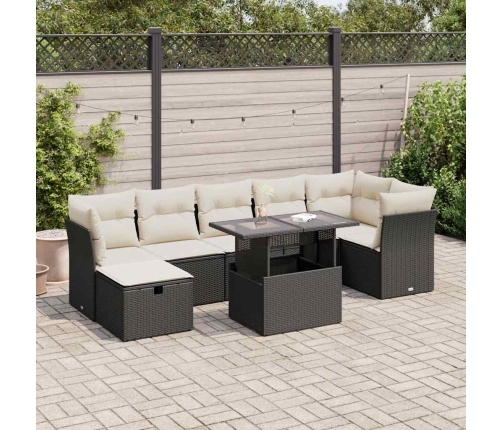 Set de sofás de jardín y cojines 8 piezas ratán sintético negro