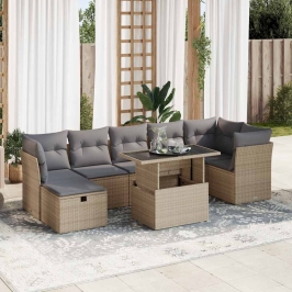 Set de sofás de jardín y cojines 8 piezas ratán sintético beige