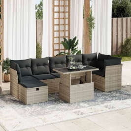 Set de sofás de jardín 8 pzas y cojines ratán sintético gris