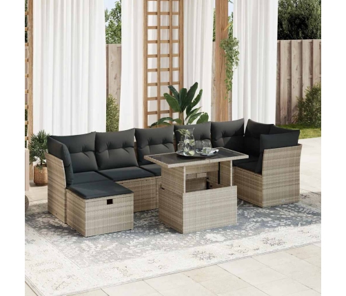 Set de sofás de jardín 8 pzas y cojines ratán sintético gris