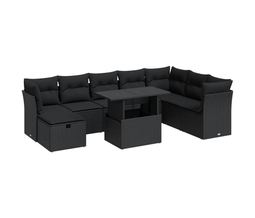 Set de sofás de jardín con cojines 9 pzas ratán sintético negro