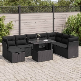 Set de sofás de jardín con cojines 9 pzas ratán sintético negro