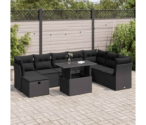 Set de sofás de jardín con cojines 9 pzas ratán sintético negro