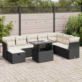 Set de sofás de jardín con cojines 9 pzas ratán sintético negro
