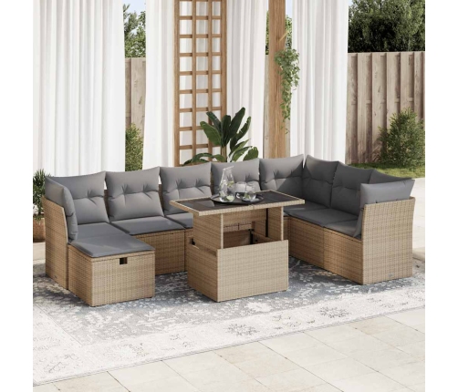 Set de sofás de jardín con cojines 9 pzas ratán sintético beige