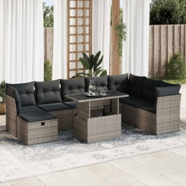 Set de sofás de jardín con cojines 9 pzas ratán sintético gris