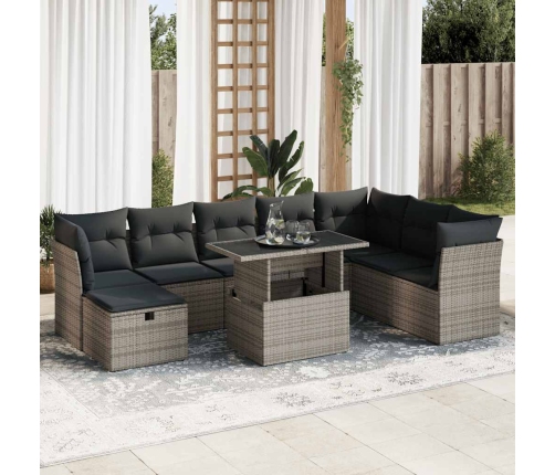 Set de sofás de jardín con cojines 9 pzas ratán sintético gris