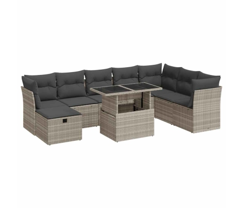 Set muebles jardín 9 pzas y cojines ratán sintético gris claro