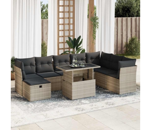 Set muebles jardín 9 pzas y cojines ratán sintético gris claro