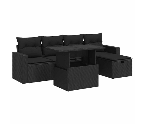 Set de sofás de jardín 6 piezas y cojines ratán sintético negro