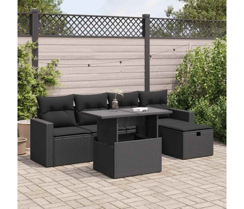 Set de sofás de jardín 6 piezas y cojines ratán sintético negro