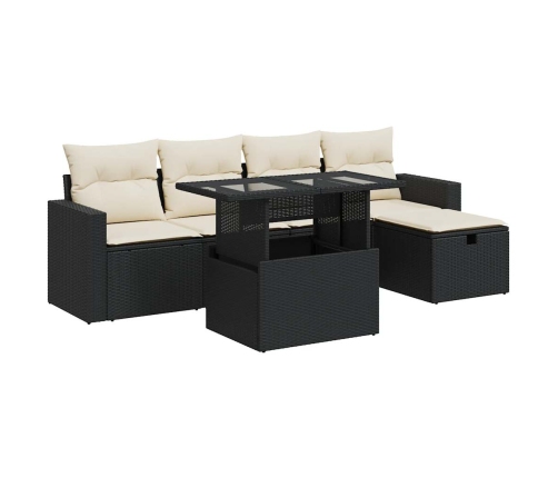 Set de sofás de jardín 6 piezas y cojines ratán sintético negro