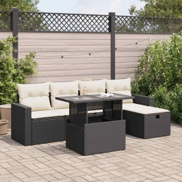 Set de sofás de jardín 6 piezas y cojines ratán sintético negro