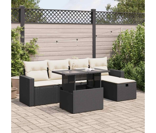 Set de sofás de jardín 6 piezas y cojines ratán sintético negro