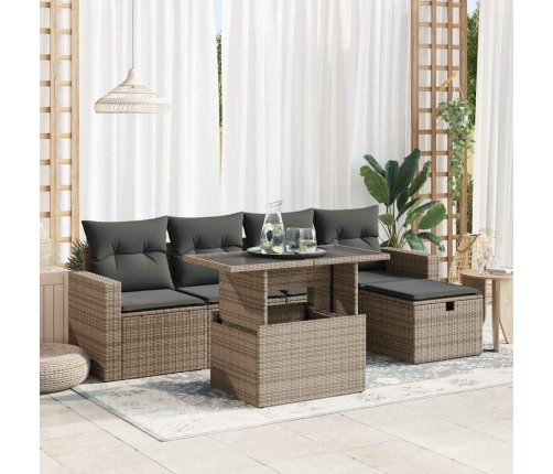 Set de muebles de jardín 6 pzas y cojines ratán sintético gris