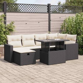 Set de sofás de jardín 7 pzas con cojines ratán sintético negro
