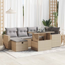 Set sofás de jardín 7 piezas y cojines ratán sintético beige