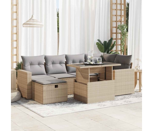 Set sofás de jardín 7 piezas y cojines ratán sintético beige