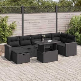 Set de sofás de jardín y cojines 8 piezas ratán sintético negro