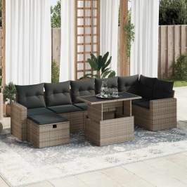 Set de sofás de jardín y cojines 8 piezas ratán sintético gris