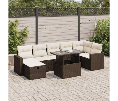 Set sofás de jardín 8 piezas y cojines ratán sintético marrón