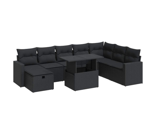 Set de sofás de jardín con cojines 9 pzas ratán sintético negro
