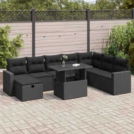 Set de sofás de jardín con cojines 9 pzas ratán sintético negro