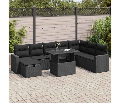 Set de sofás de jardín con cojines 9 pzas ratán sintético negro