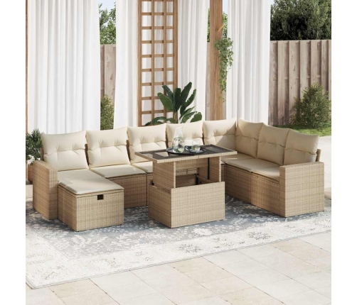 Set de sofás de jardín con cojines 9 pzas ratán sintético beige