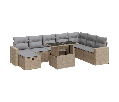 Set de sofás de jardín con cojines 9 pzas ratán sintético beige