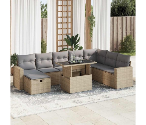 Set de sofás de jardín con cojines 9 pzas ratán sintético beige