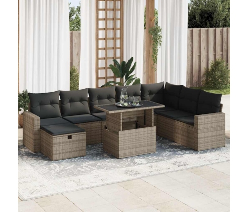 Set de sofás de jardín con cojines 9 pzas ratán sintético gris