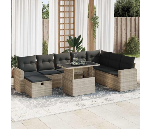Set muebles jardín 9 pzas y cojines ratán sintético gris claro