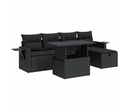 Set de sofás de jardín 6 piezas y cojines ratán sintético negro