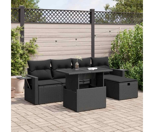 Set de sofás de jardín 6 piezas y cojines ratán sintético negro