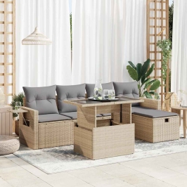 Juego de sofás jardín con cojines 6 pzas ratán sintético beige