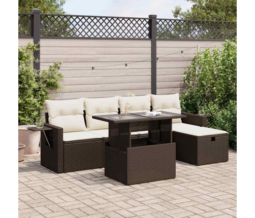 Set sofás de jardín 6 piezas y cojines ratán sintético marrón