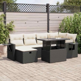 Set de sofás de jardín 7 pzas con cojines ratán sintético negro