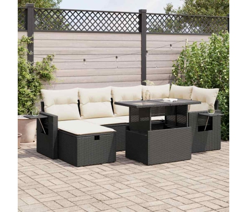 Set de sofás de jardín 7 pzas con cojines ratán sintético negro