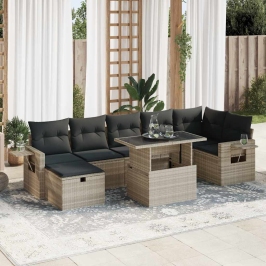 Set de sofás de jardín 8 pzas y cojines ratán sintético gris