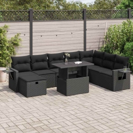Set de sofás de jardín con cojines 9 pzas ratán sintético negro